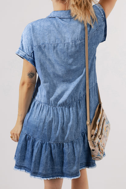 Sky Blue Acid Wash V Neck Tiered Denim Dress