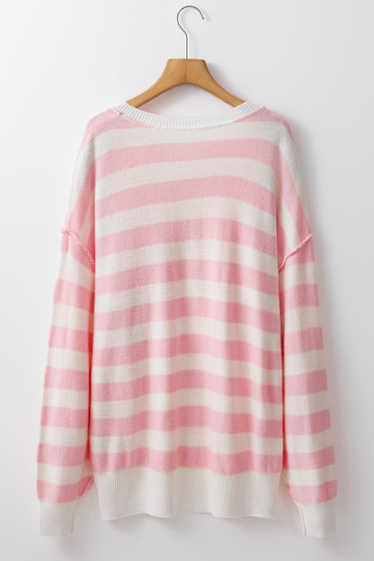 Pink Stripe Half Buttons Drop Shoulder Sweater