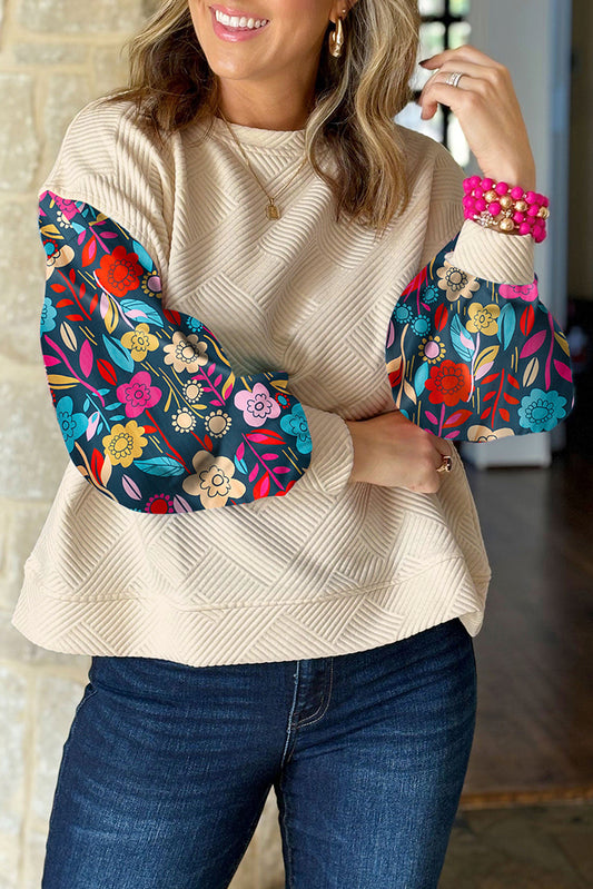 White Contrast Floral Sleeve Textured Drop Shoulder Knit Top