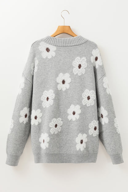 Gray Plus Size Embroidered Floral Pattern Half Zip Sweater