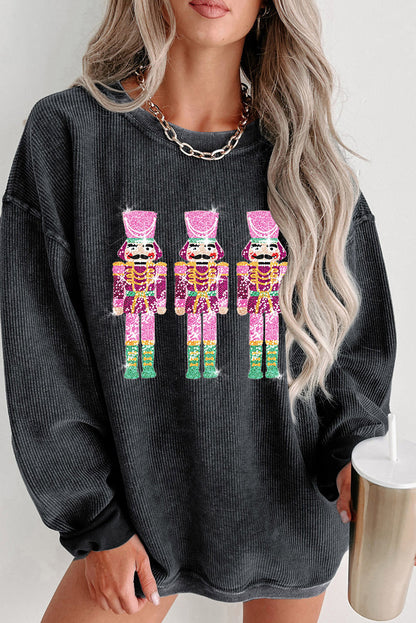 Black Christmas Sequined Nutcrackers Mineral Wash Corded Sweatshirt