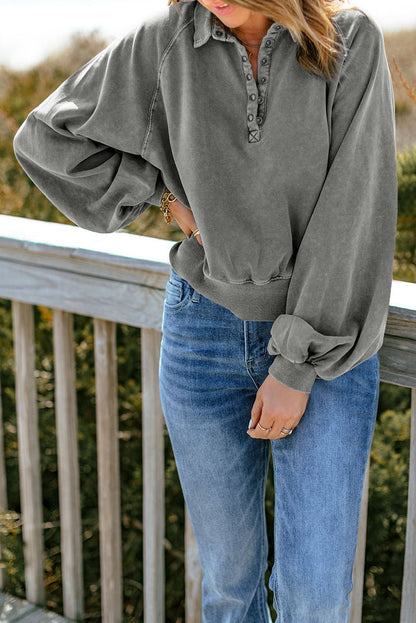 Gray Washed Snap Buttons Lantern Sleeve Pullover Sweatshirt