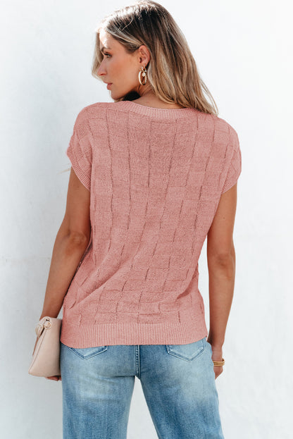 Dusty Pink Lattice Textured Knit Short Sleeve Sweater