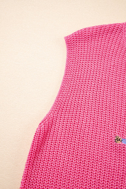 Bright Pink Western Cowboy Embroidery Round Neck Sleeveless Sweater