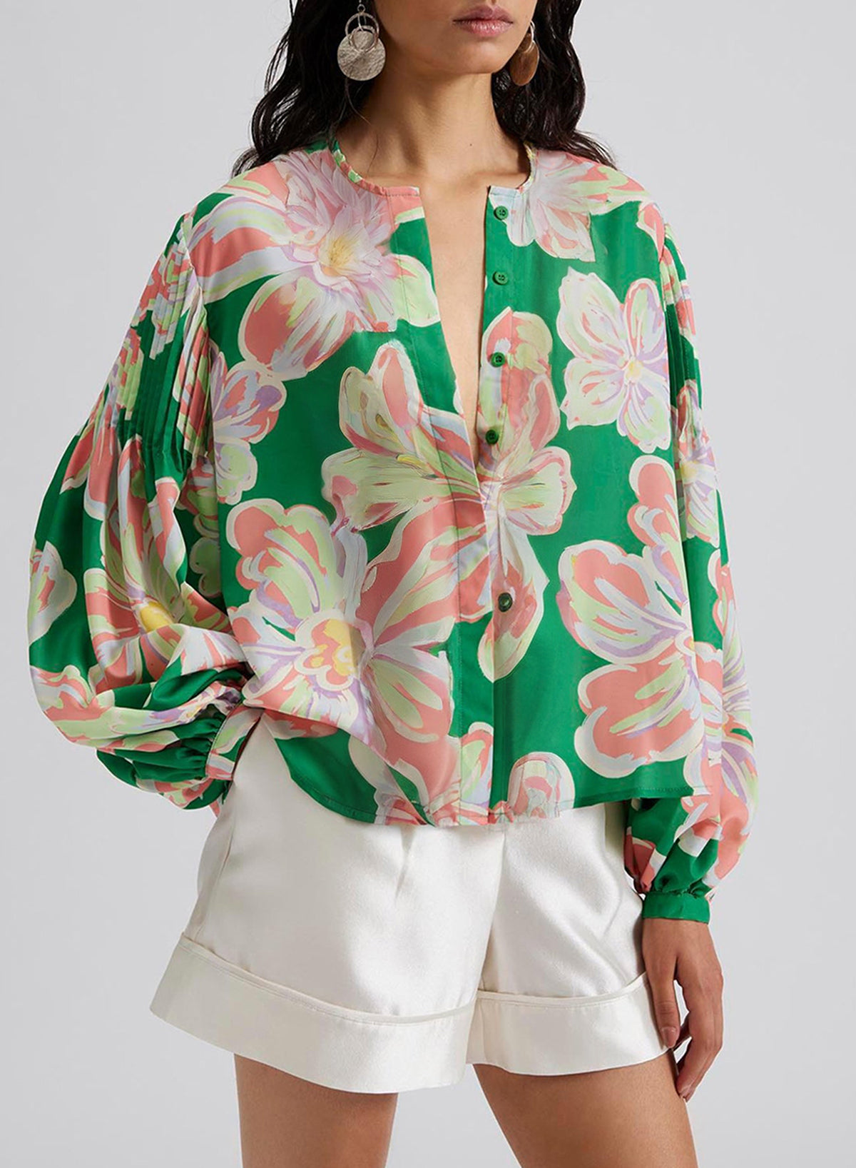 Green Floral Print Button up Pleated Puff Sleeve Loose Shirt