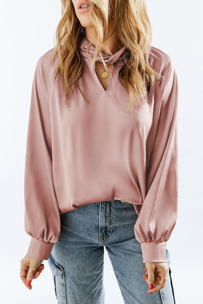 Pink Twist High Neck Puff Sleeve Satin Blouse