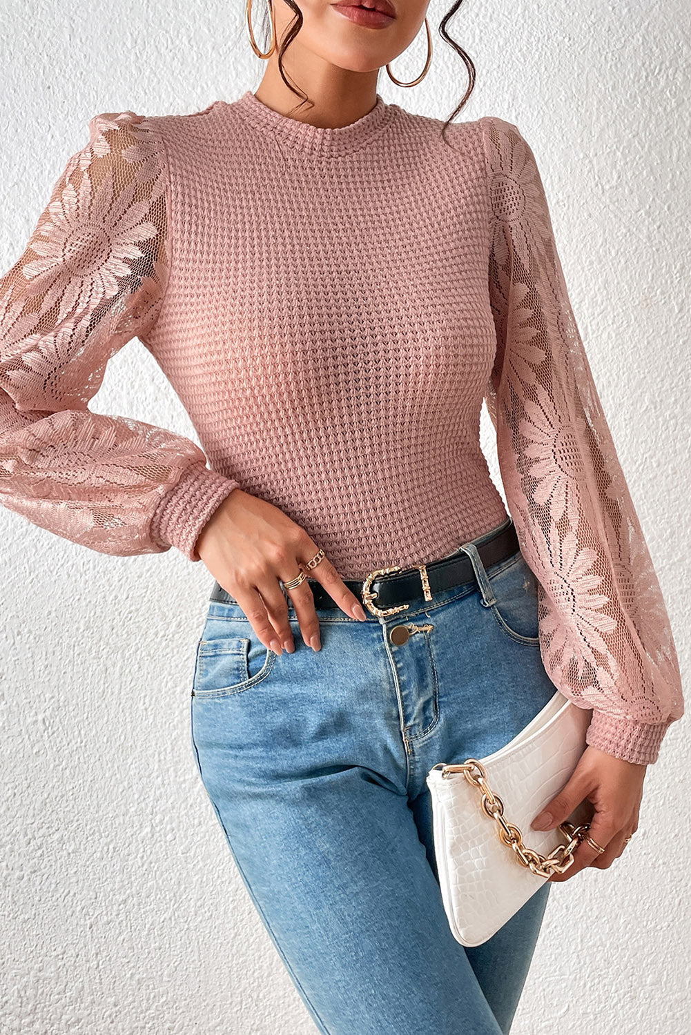 Peach Blossom Sunflower Mesh Bubble Sleeve Waffle Knit Top