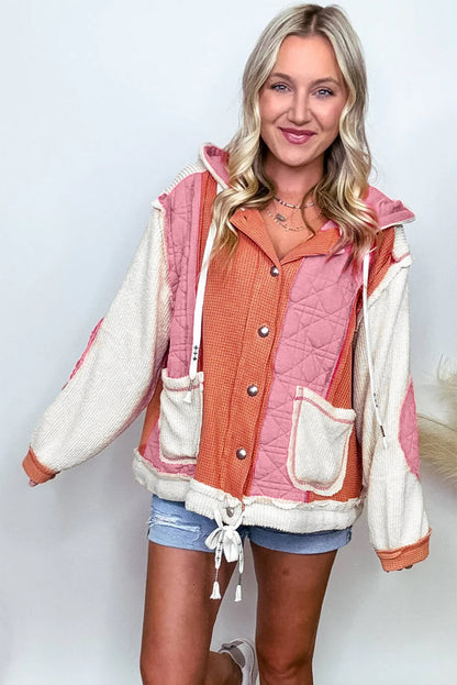 Coral Quilted Textured Patchwork Loose Fit Hooded Jacket