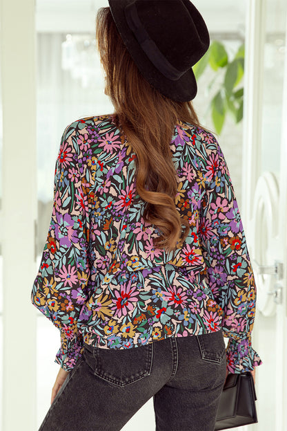 Multicolor Floral Print Ruffled Long Sleeve V-Neck Blouse