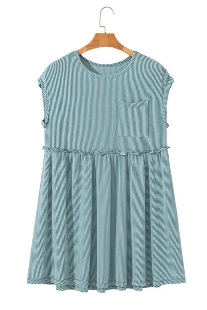 Canton Corded Knit Textured Patched Pocket Frilled Swing Mini Dress with Pockets