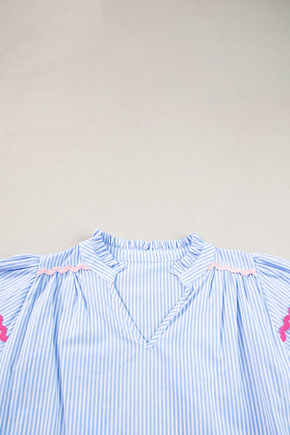 Sky Blue Stripe Ricrac Trim Split Neck Striped Ruffled Sleeve Blouse