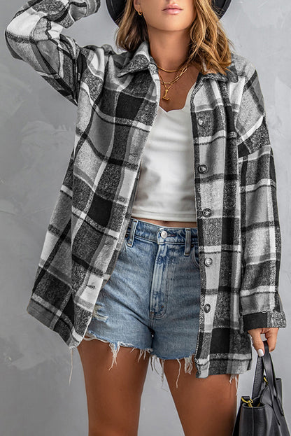 Gray Plaid Print Buttoned Shirt Jacket