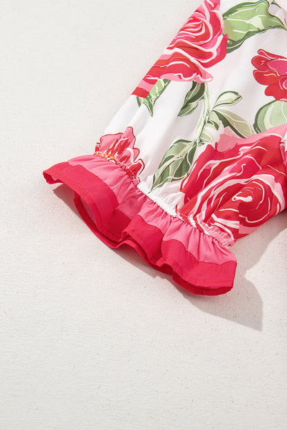 Rose Plus Size Floral Print Frilled Stripes Detail Short Sleeve Blouse