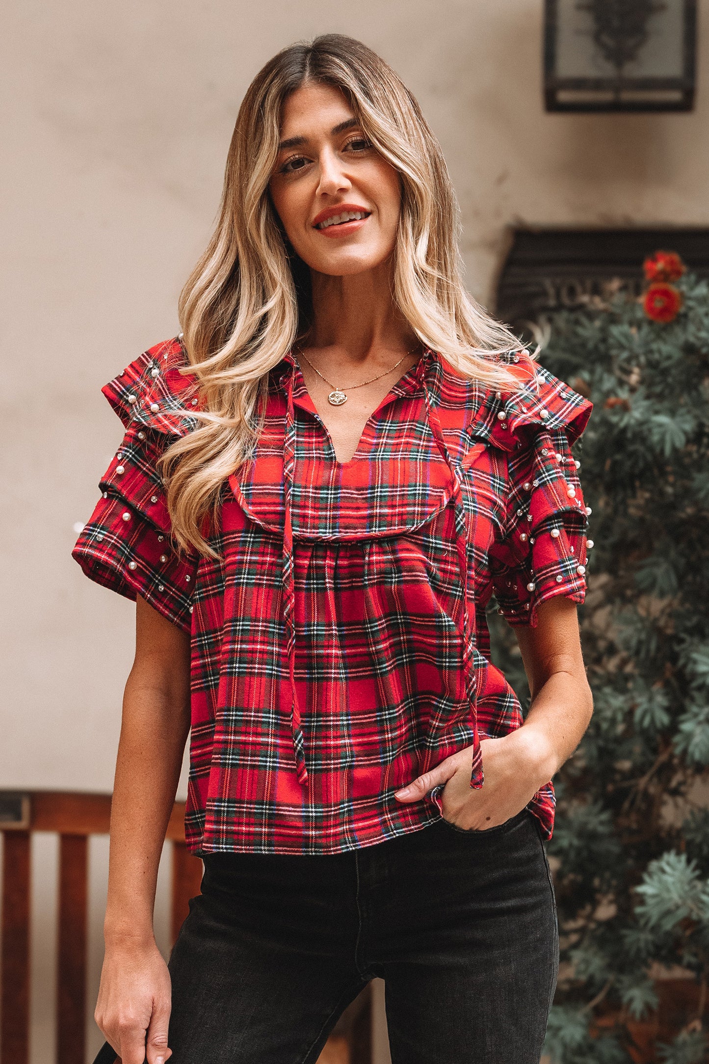 Red Festive Plaid Pearl Embellished Ruffle Short Sleeve Blouse