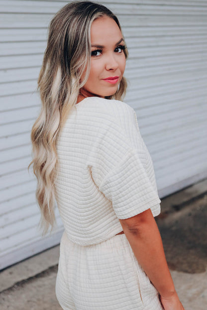 White Lattice Textured Cropped Tee and Jogger Pants Set