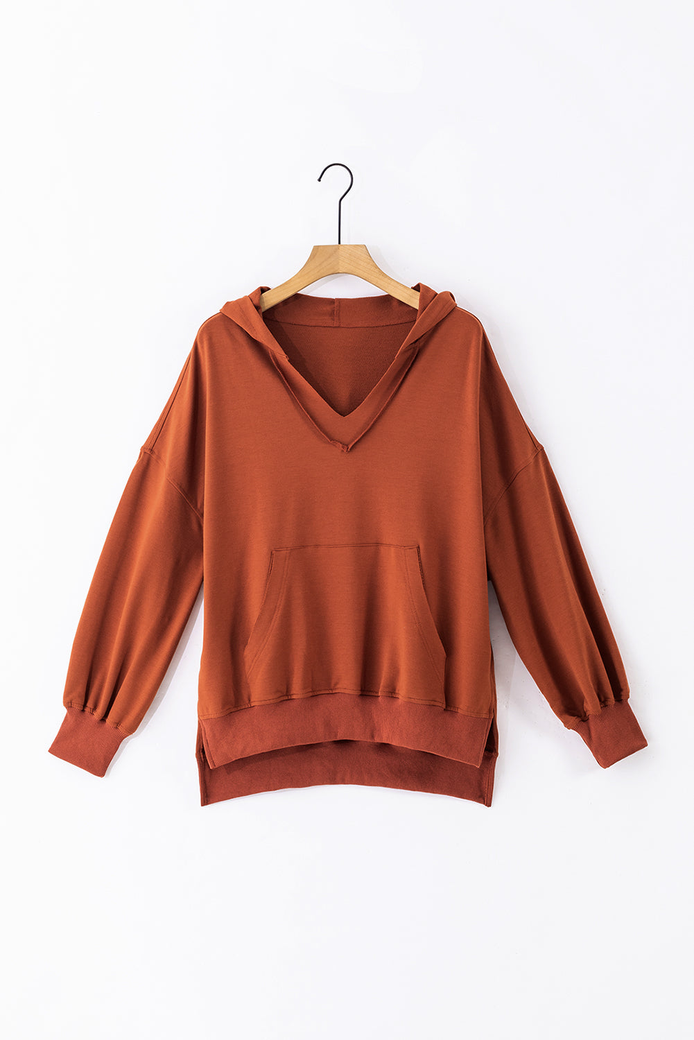 Chestnut V Neck Kangaroo Pocket Oversized Hoodie