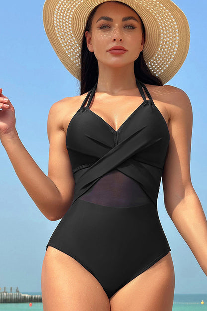 Black Halter Mesh Insert Cross Front One-Piece Swimsuit