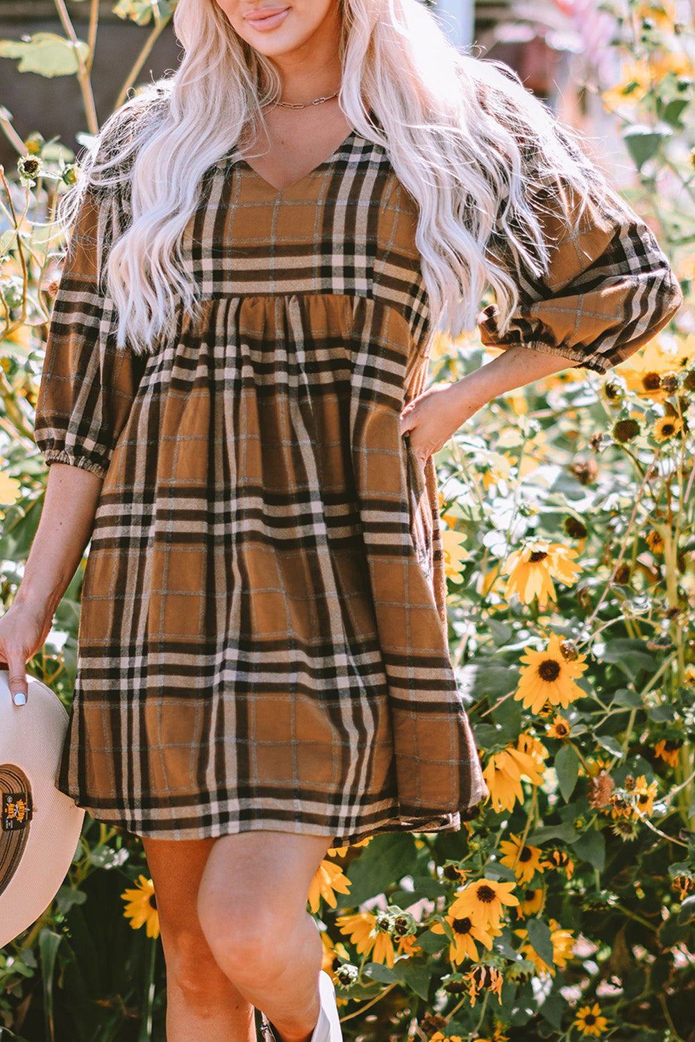 Brown Plaid Pattern Empire Waist Babydoll Dress