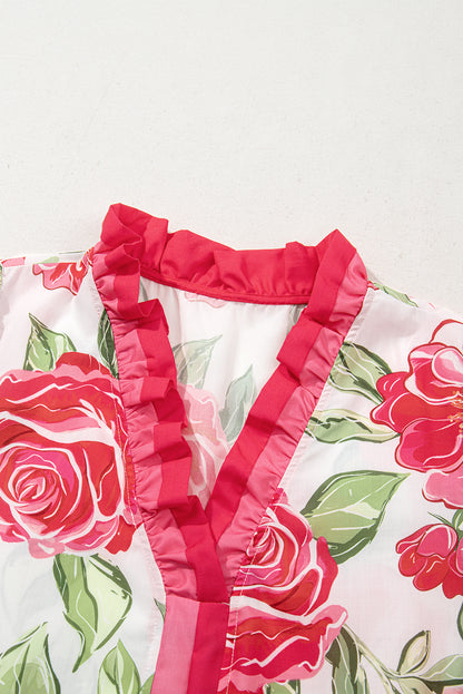 Rose Plus Size Floral Print Frilled Stripes Detail Short Sleeve Blouse