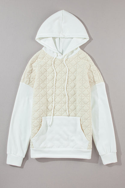 Beige Drop Shoulder Quilted Patchwork Kangaroo Pocket Hoodie