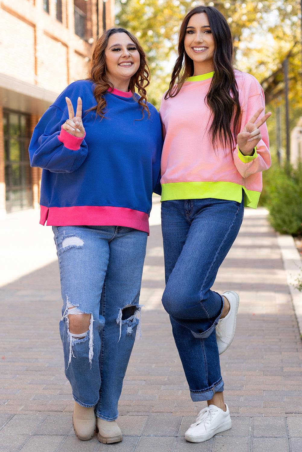 Pink Colorblock Bubble Sleeve Sweatshirt