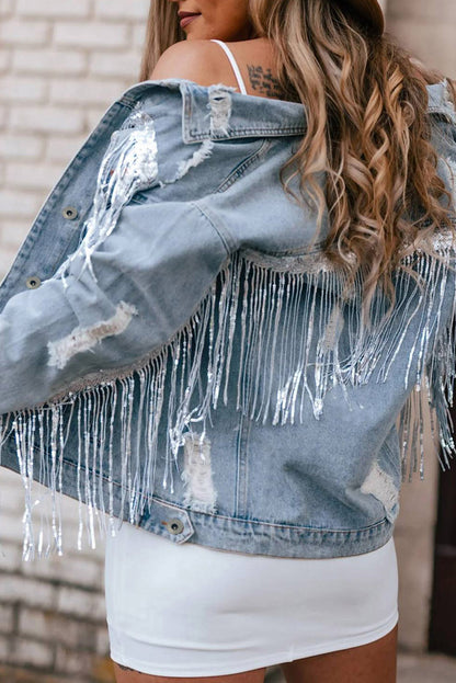 Sky Blue Sequin Embellished Fringe Distressed Denim Jacket