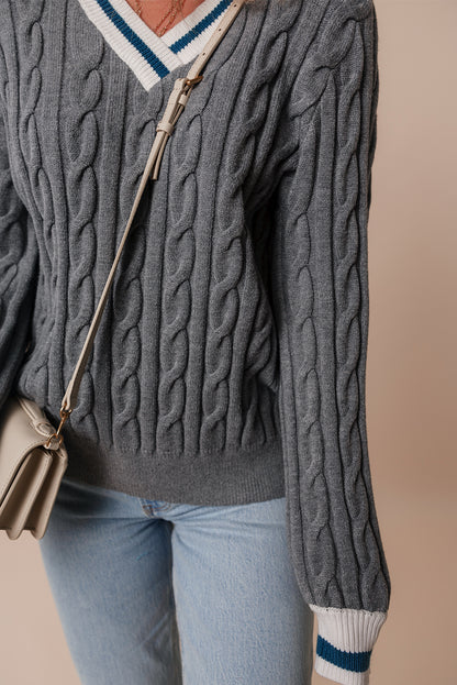 Medium Grey Color Contrast Ribbed Edge Cable Knit V Neck Sweater