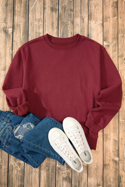 Burgundy Solid Fleece Lined Drop Shoulder Terry Sweatshirt