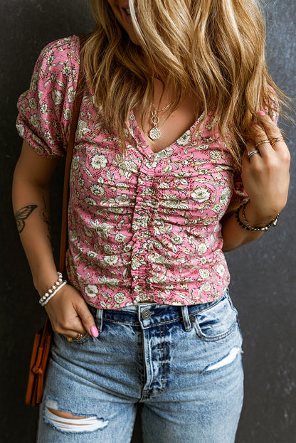 Pink Floral Short Puff Sleeve V Neck Ruched Blouse