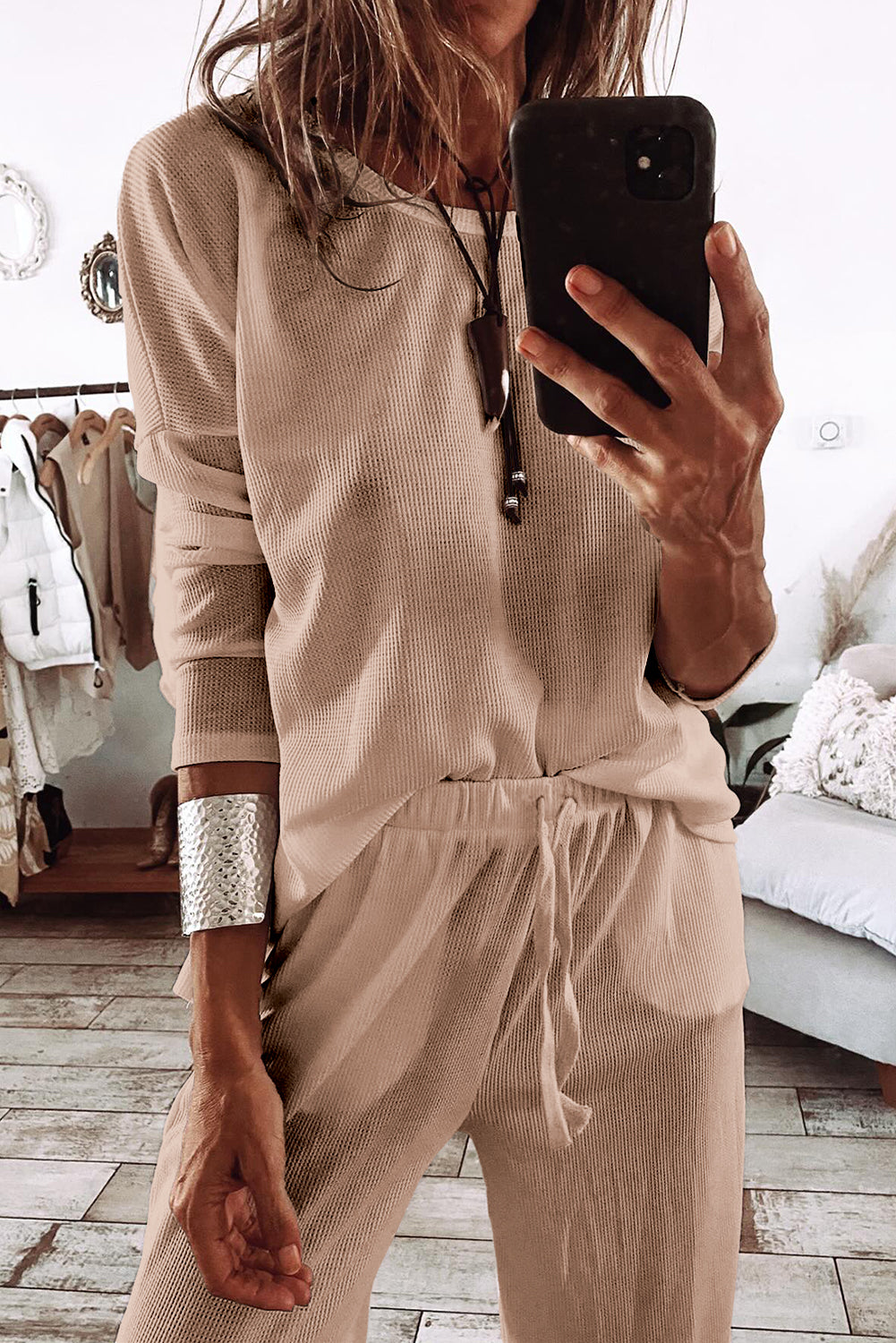 Parchment Textured Long Sleeve T Shirt and Pants Lounge Set