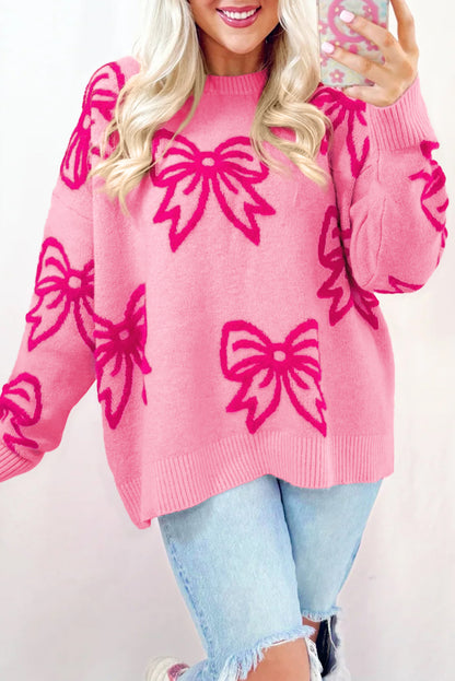 Pink Bow Pattern Drop Shoulder Loose Sweater