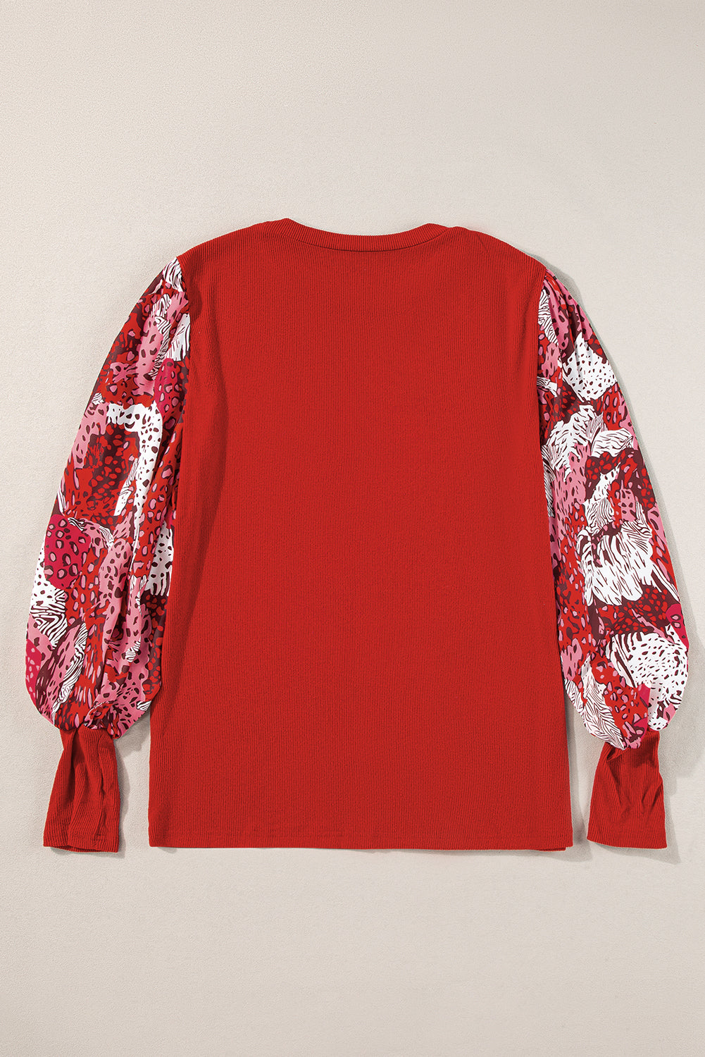 Fiery Red Contrast Mixed Animal Print Lantern Sleeve Patchwork Top