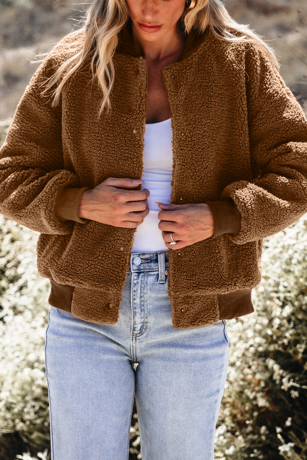 Redwood Burl Sherpa Ribbed Baseball Collar Bomber Jacket