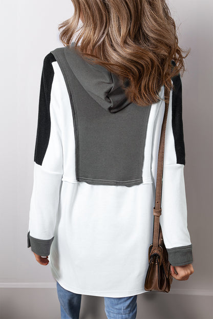 Black Color Block Exposed Seam Buttoned Neckline Hoodie