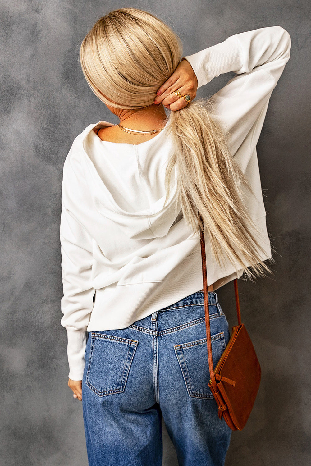 White Batwing Sleeve Pocketed Henley Hoodie