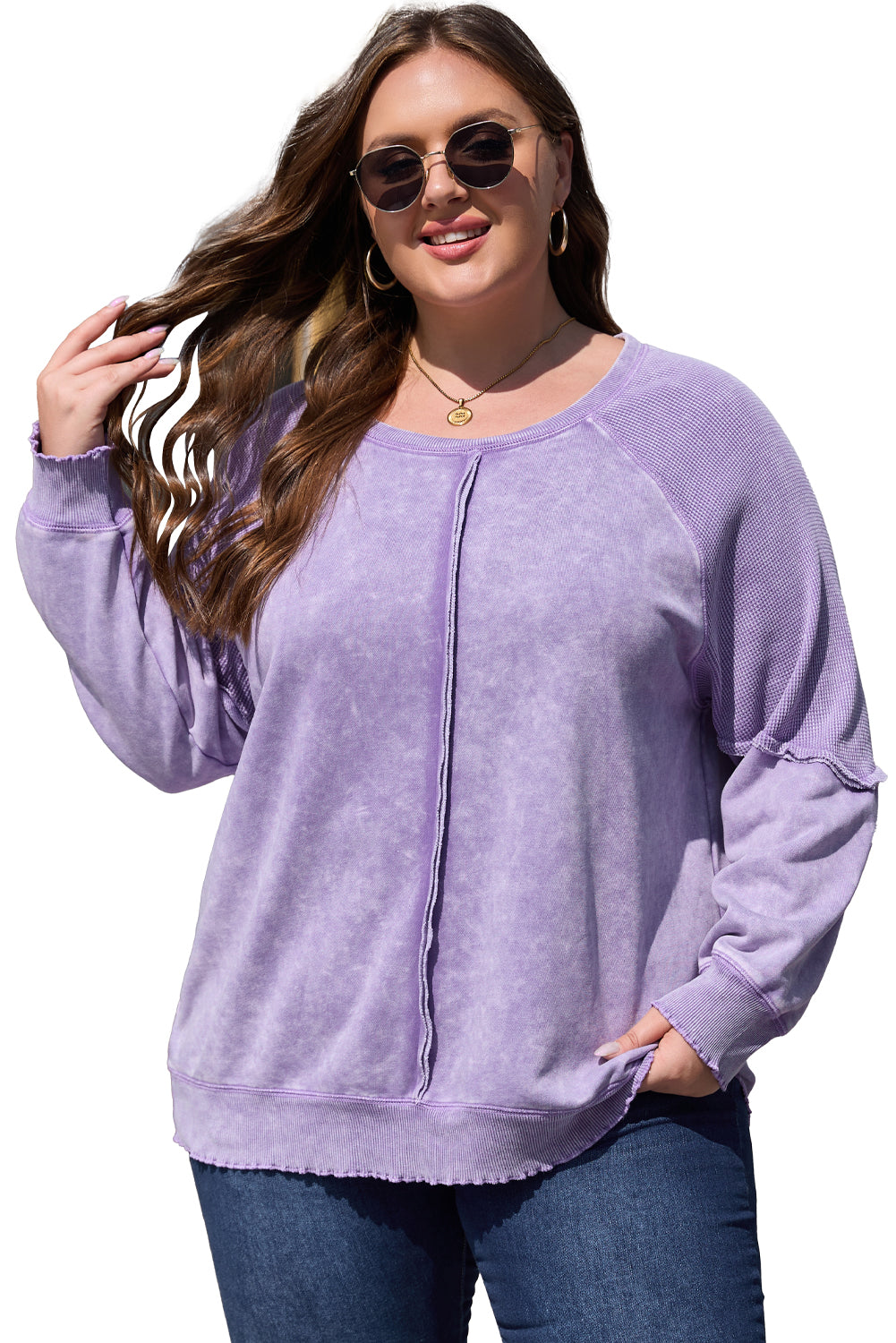 Orchid Petal Textured Patchwork Frilled Trim Plus Size Pullover Sweatshirt