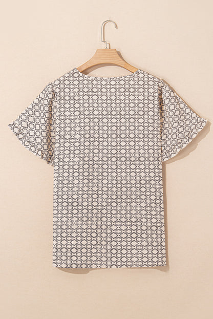 Khaki Plus Size Geometric Print Ruffled Sleeve Blouse