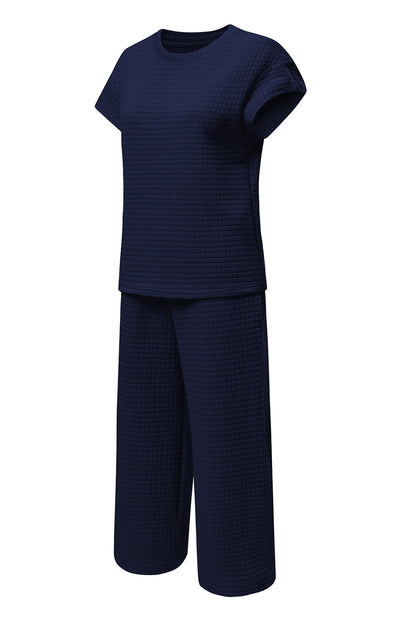 Navy Blue Solid Color Textured Short Sleeve Top and Casual Pants Set