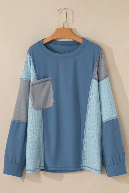 Dusk Blue Colorblock Stitching Patchwork Buttoned Long Sleeve Top