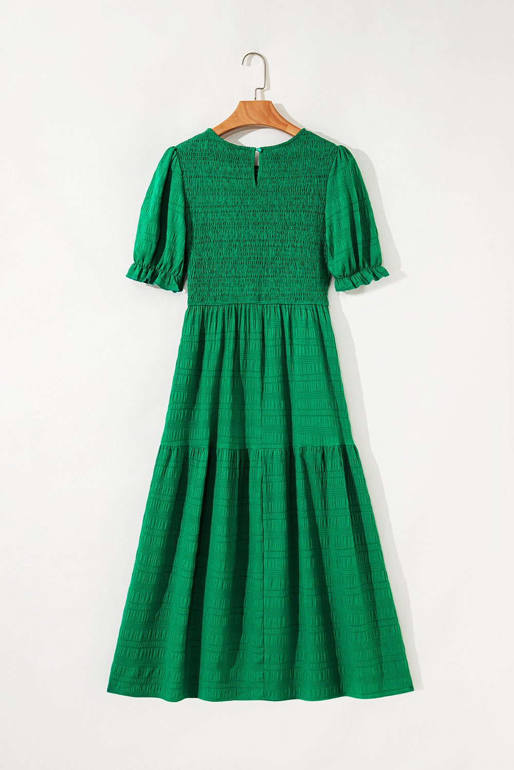 Dark Green Solid Textured Smocked Puff Short Sleeve High Waist Long Dress