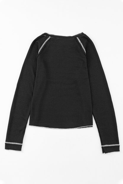 Black Textured Round Neck Long Sleeve Top