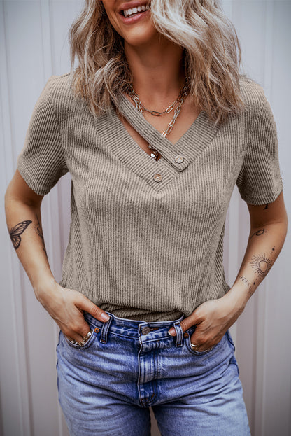 Pale Khaki Ribbed Buttoned Strappy V Neck Tee