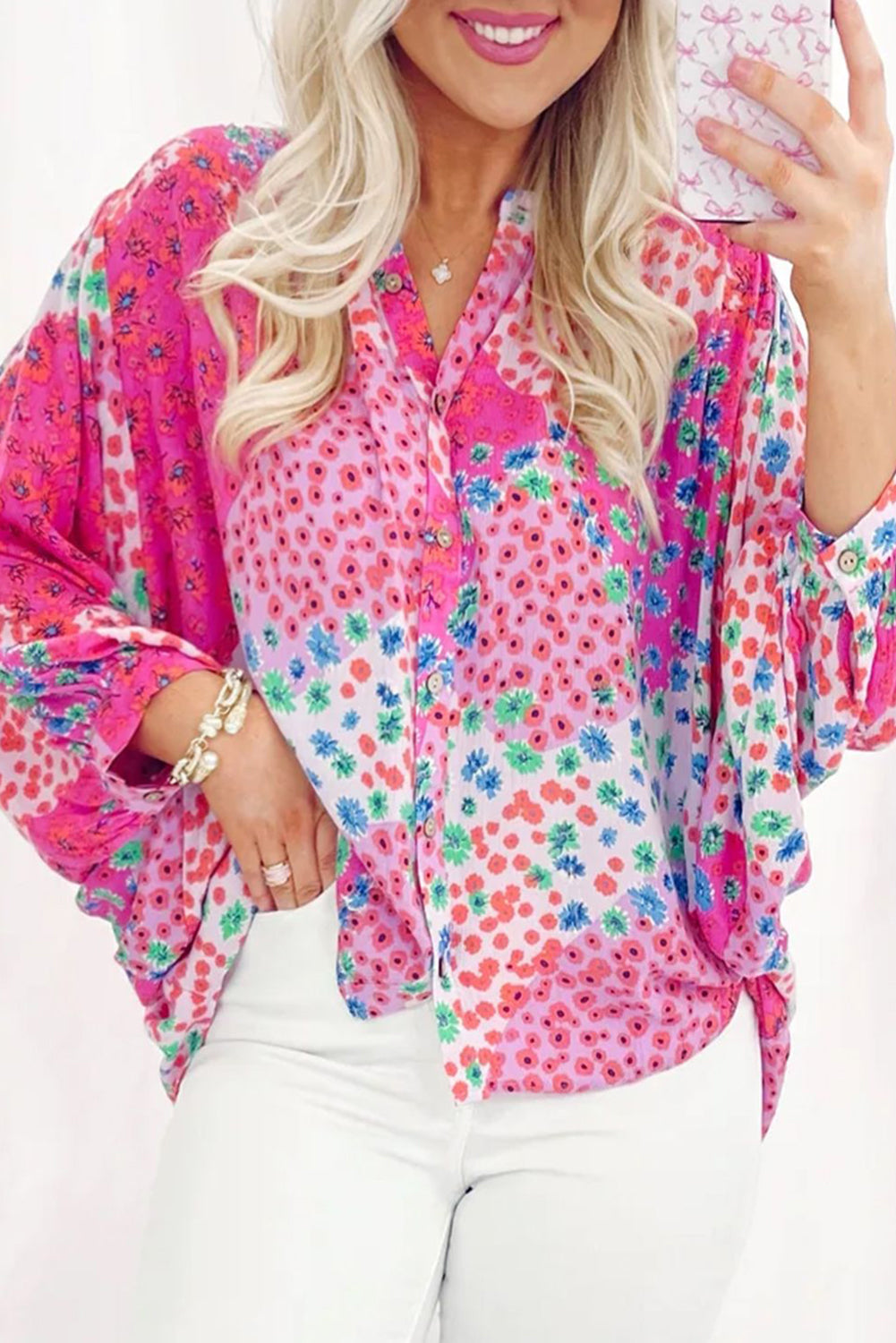 Rose Red Floral Allover Print Buttoned V Neck Oversized Shirt