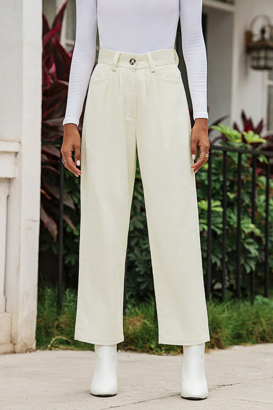 Beige Corduroy High Waist Straight Leg Pants