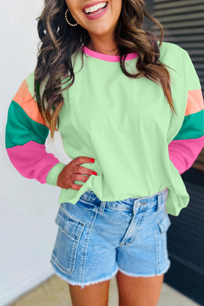 Green Colorblock Patchwork Long Sleeve Loose Top