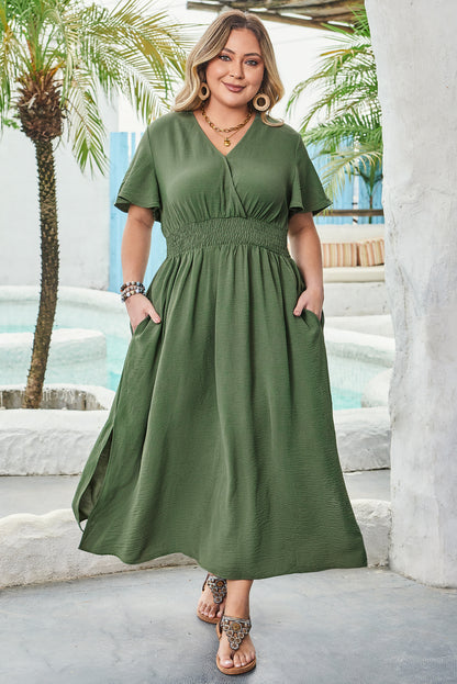 Four Leaf Clover Surplice Neckline Shirred High Waist Plus Size Maxi Dress