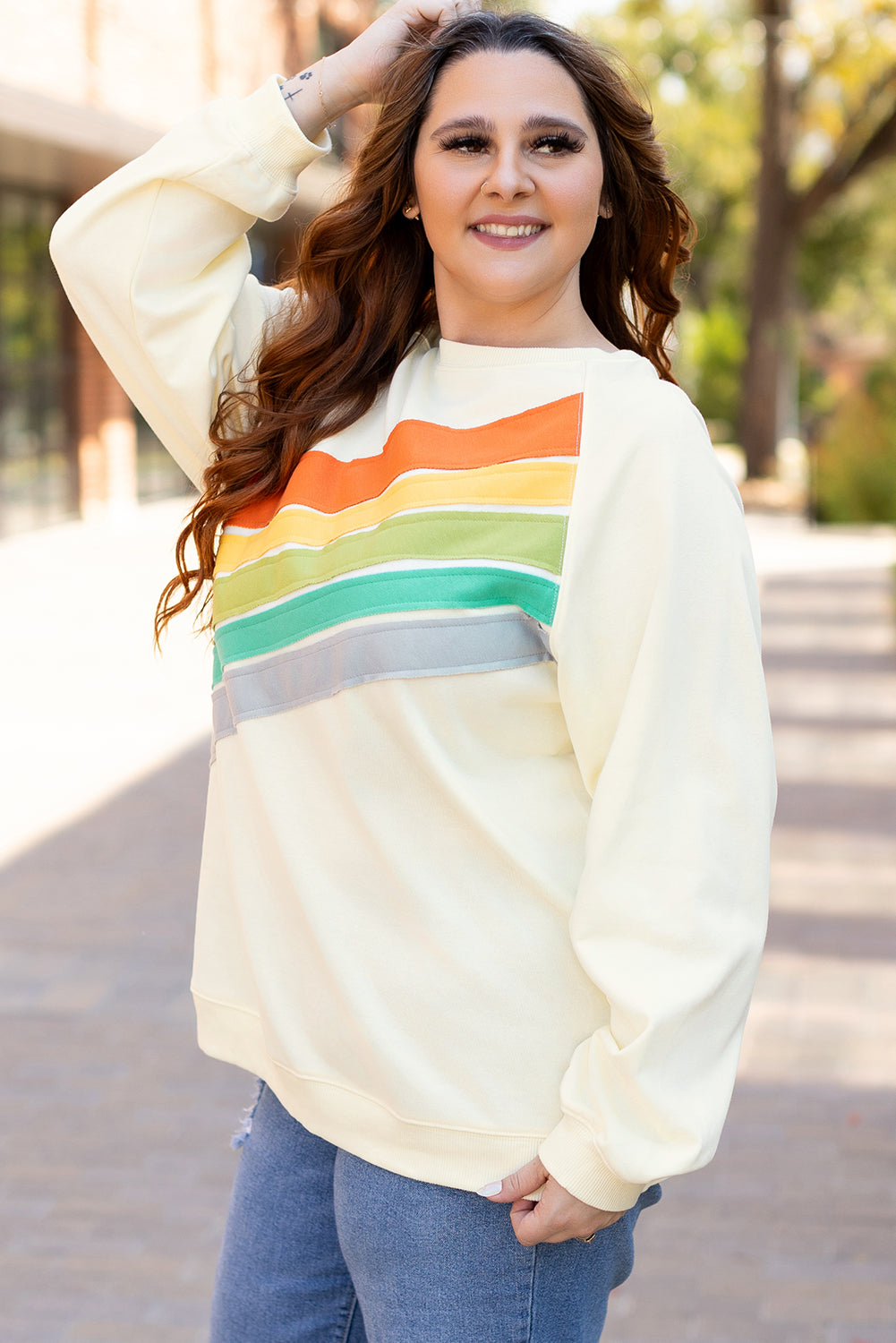 white Rainbow Raglan Sleeve Crew Neck Plus Size Sweatshirt