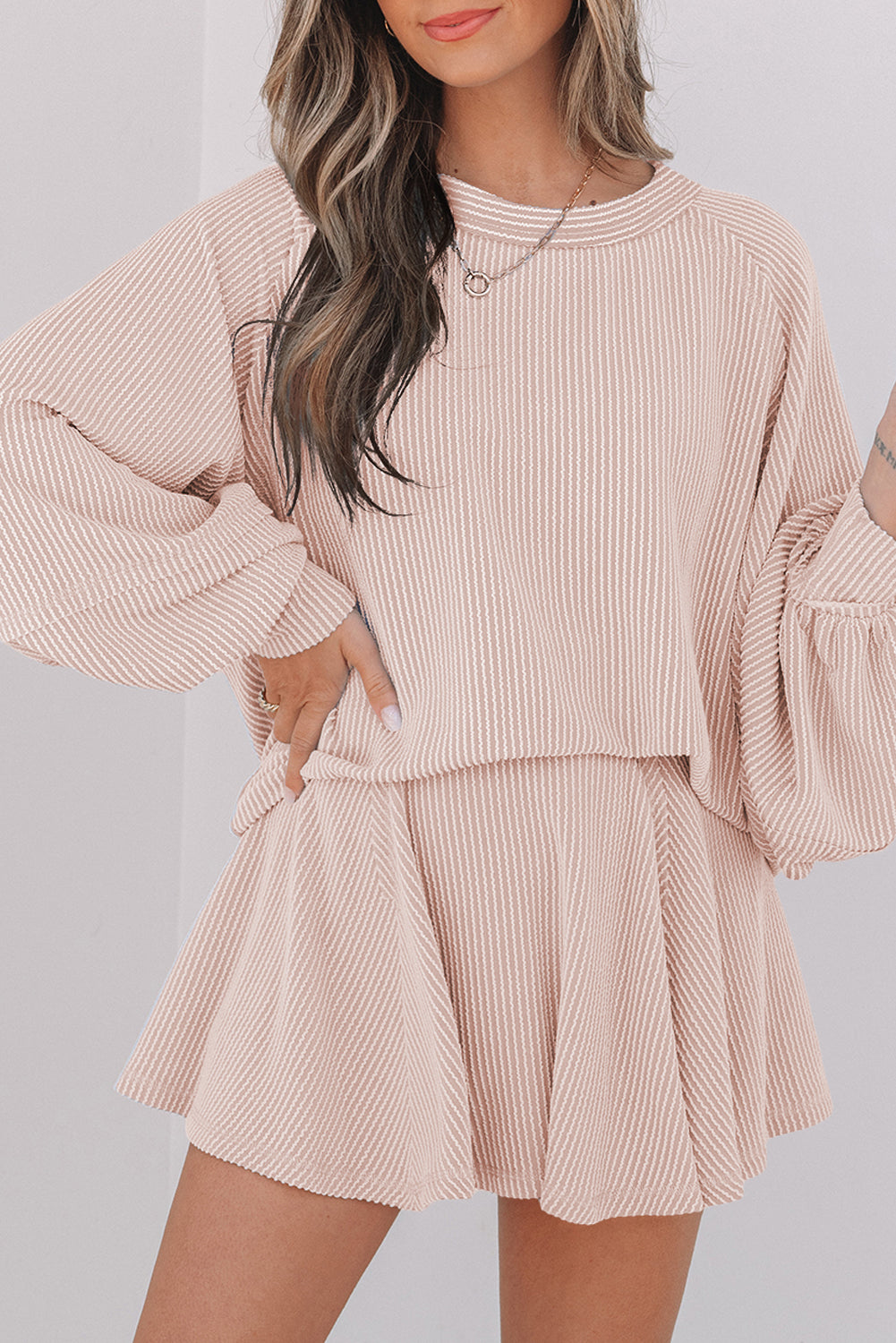 Jet Stream Corded Lantern Sleeve Top High Waist Ruffled Mini Skirt Set