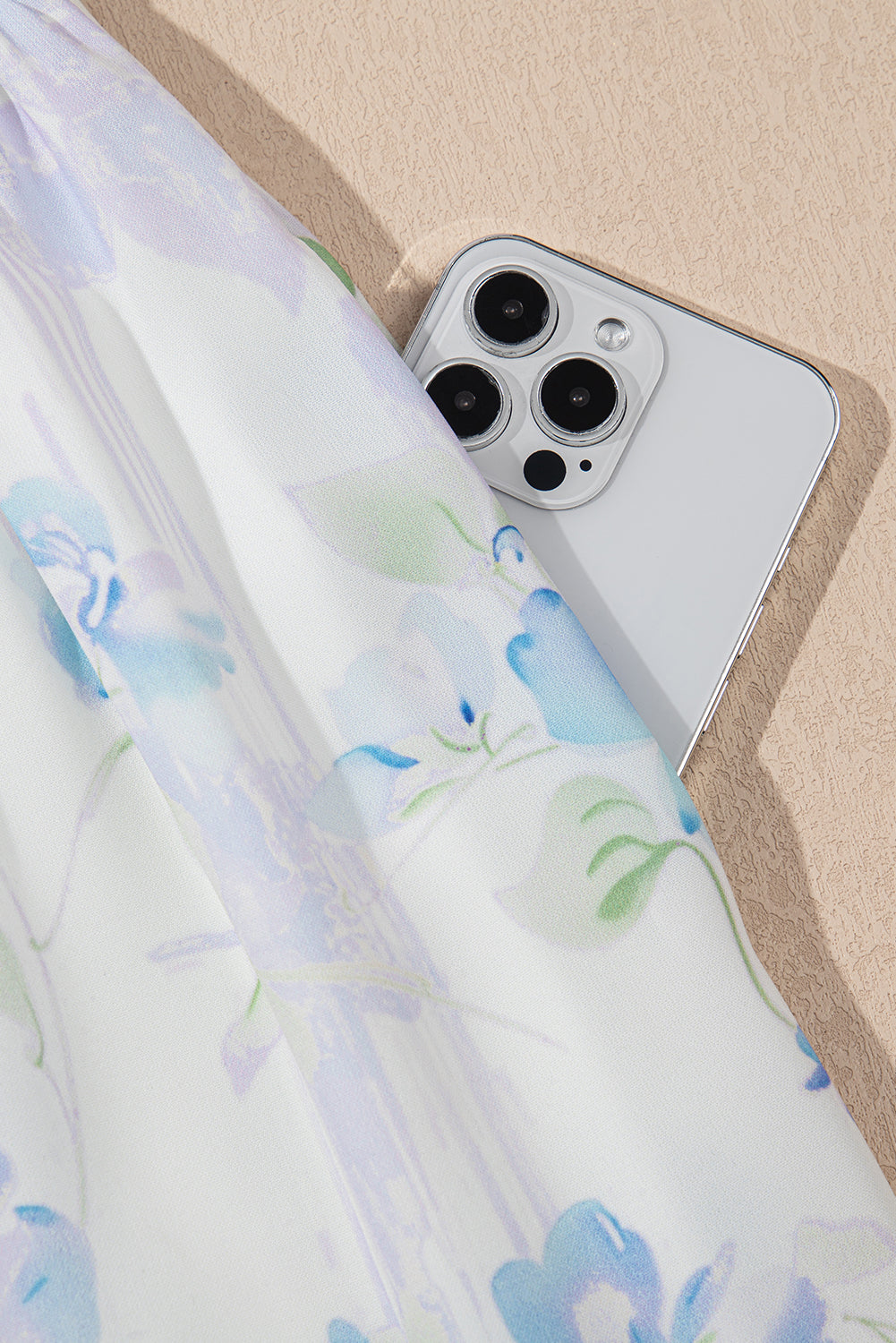 Sky Blue Floral Smocked High Waist Double Ruffle Sleeveless Maxi Dress