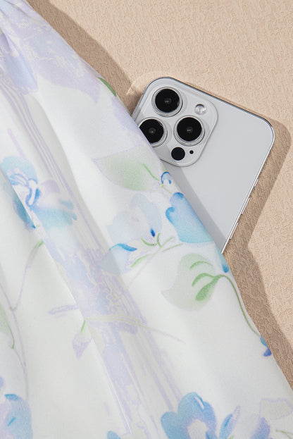 Sky Blue Floral Smocked High Waist Double Ruffle Sleeveless Maxi Dress